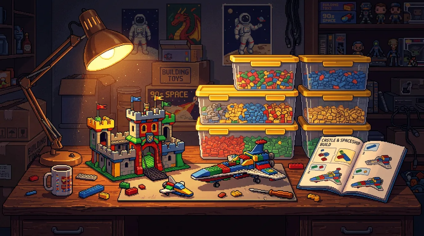 Bautisch mit Klemmbaustein-Burg und Sortierboxen — Pixel-Art