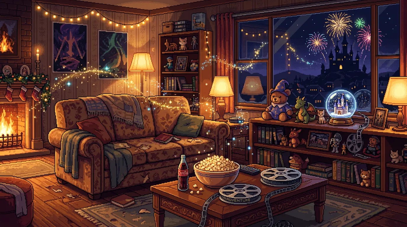 Filmabend-Wohnzimmer mit Popcorn, Schneekugel und Märchenschloss-Feuerwerk — Pixel-Art