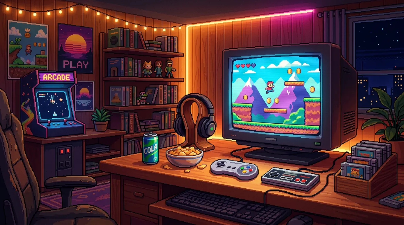 Gemütliche Gaming-Ecke mit Röhrenmonitor und Arcade-Automat — Pixel-Art