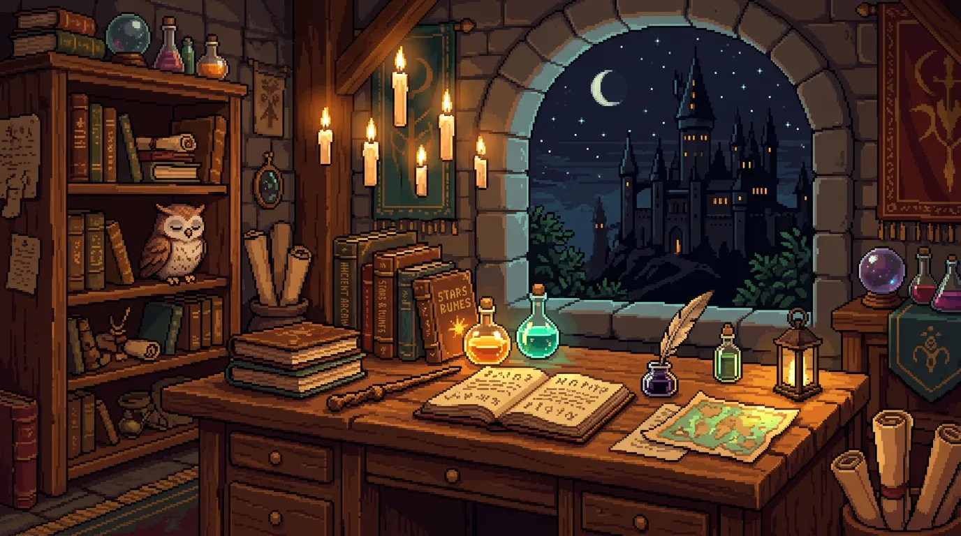 Magisches Studierzimmer mit Zauberbüchern, Zaubertränken und Eule — Pixel-Art