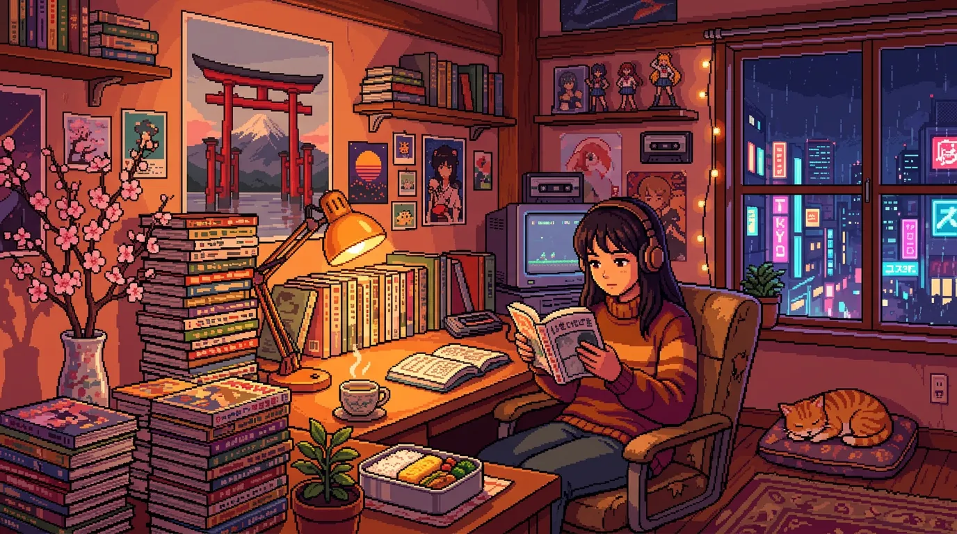 Manga-Leseecke mit Kirschblüten, Torii-Poster und schlafender Katze — Pixel-Art