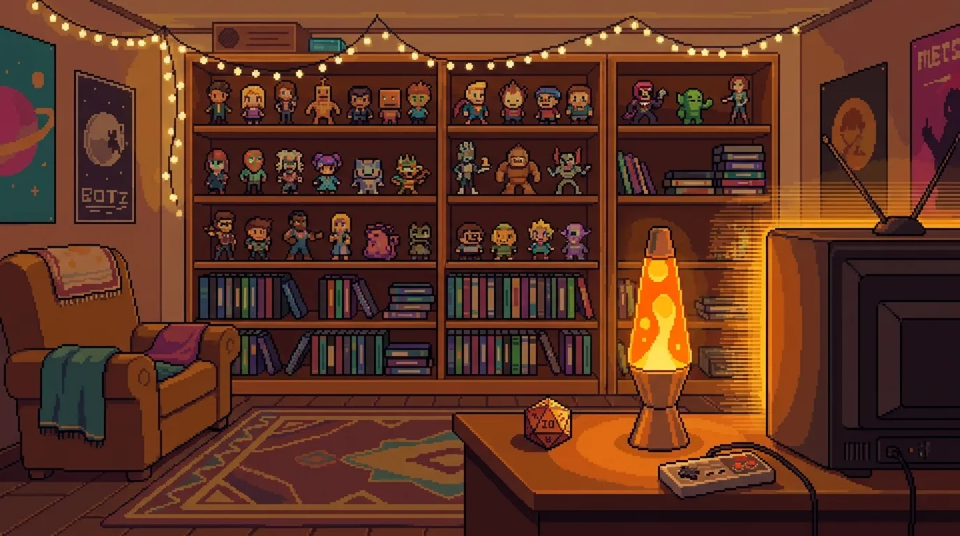 Sammlerzimmer mit Figurenregal, Lavalampe und Lichterkette — Pixel-Art
