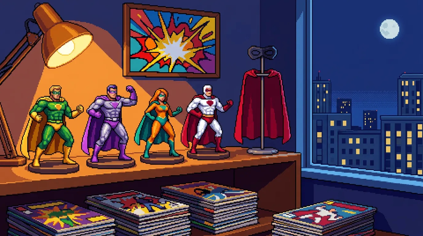 Superhelden-Sammlerecke mit Actionfiguren, Comics und Cape — Pixel-Art