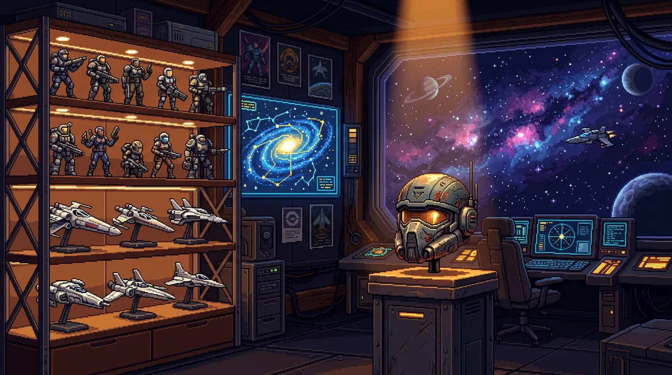 Retro-Weltraum-Ecke mit Modellraumschiffen und Sternenkarte — Pixel-Art