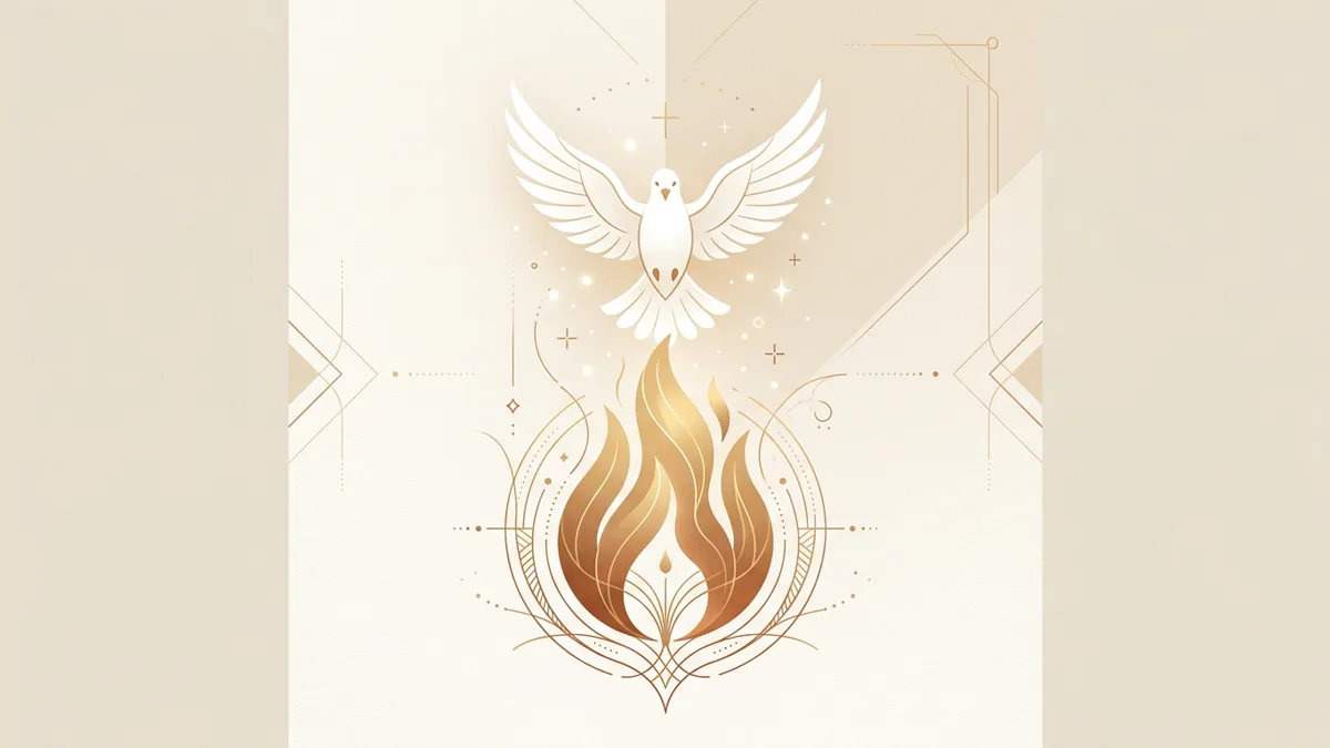 Stilisierte Taube über einer sanften goldenen Flamme mit Kupfer-Akzenten auf Elfenbein — elegante Illustration