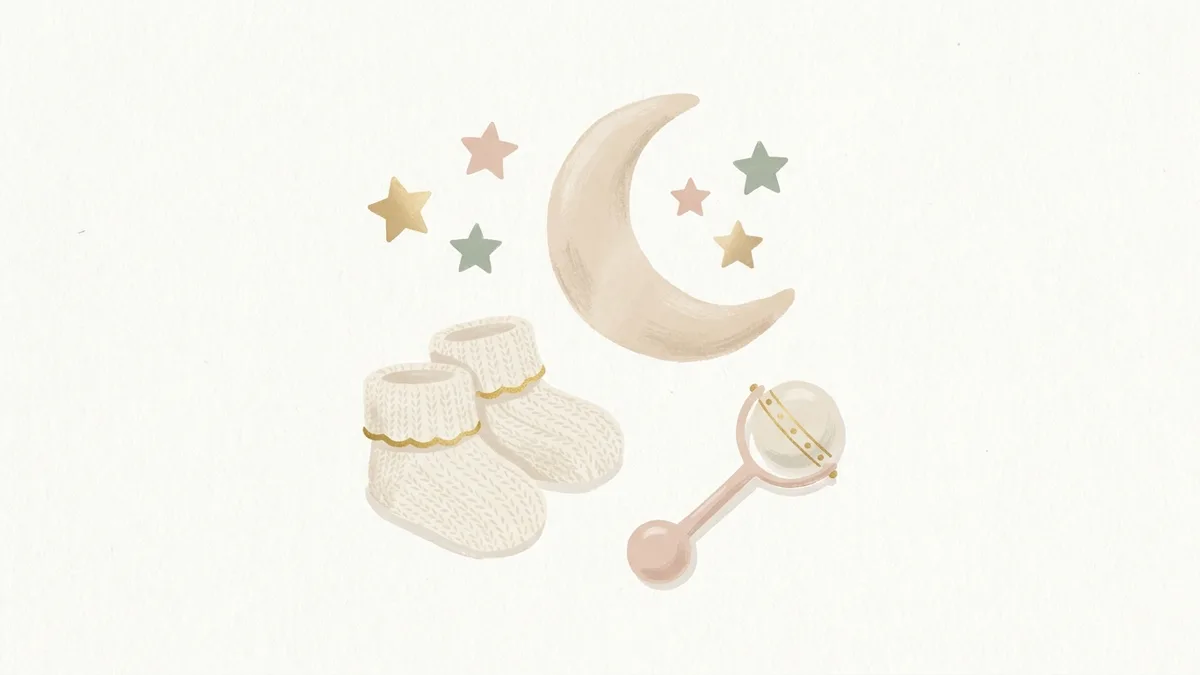 Gestrickte Babyschühchen, Plüschmond und kleine Sterne als ruhiges Stillleben in Elfenbein mit Goldakzenten — Illustration