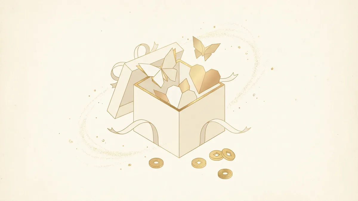 Elegante Geschenkschachtel mit Papier-Schmetterlingen und -Herzen in Champagner und Gold — stilisierte Illustration