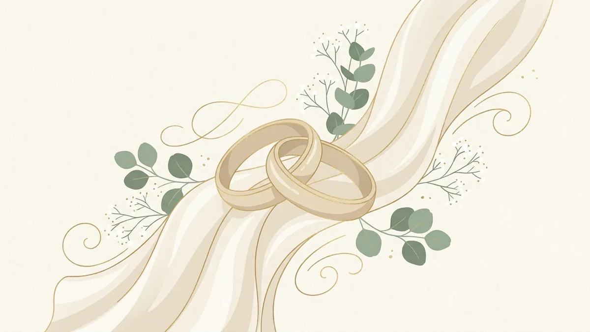 Zwei ineinanderliegende goldene Ringe auf Elfenbein-Seide mit feinen Goldornamenten und Eukalyptus — elegante Illustration
