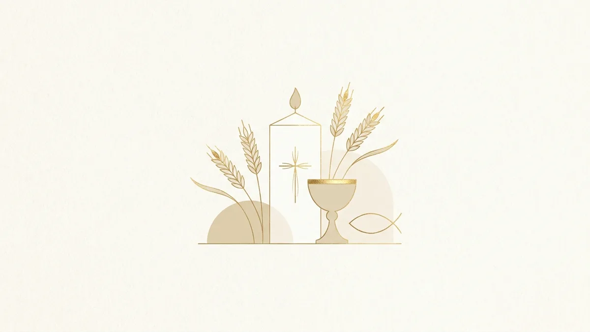 Weiße Kerze mit goldenem Kreuz, stilisierter Fisch, Ähren und kleiner Kelch in warmem Elfenbein und Gold — Illustration