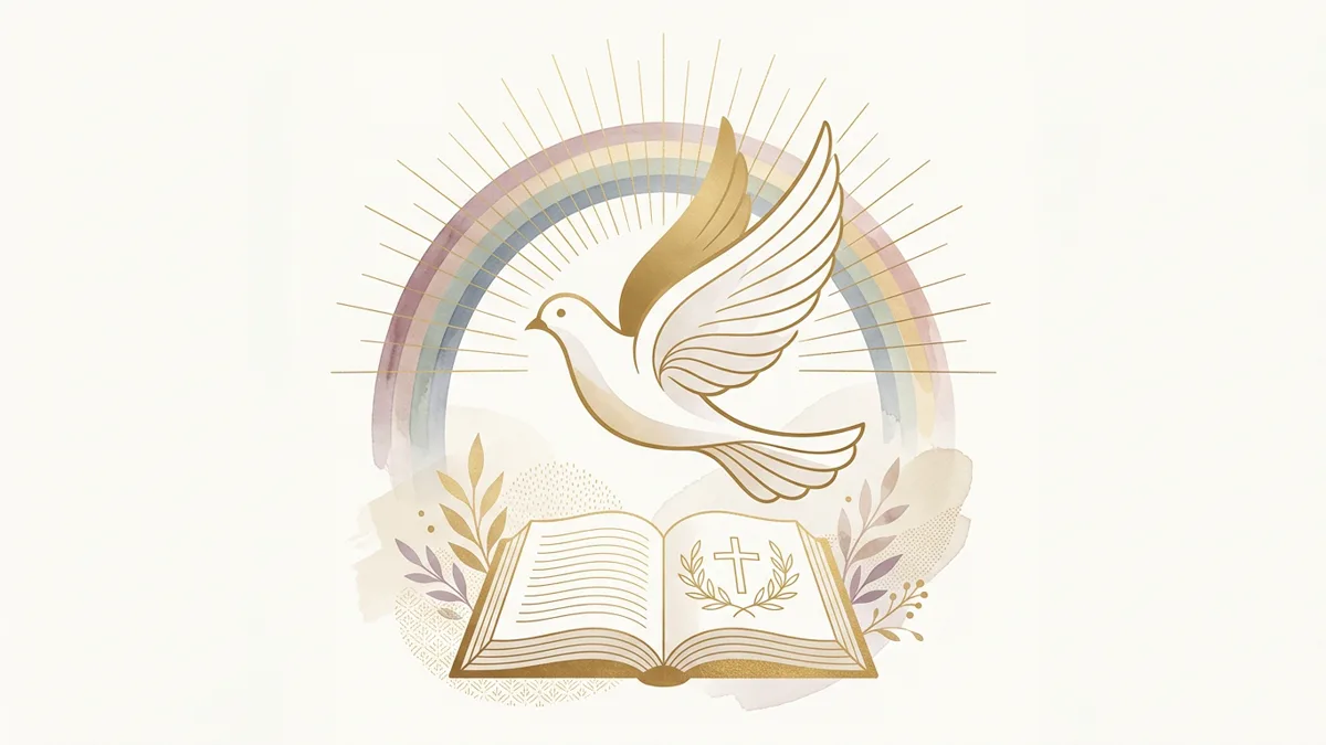 Stilisierte Taube im Flug mit feinen Goldstrahlen und dezentem Regenbogen über einem offenen Buch — elegante Illustration