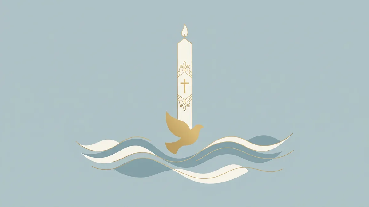 Weiße Taufkerze mit Goldornament, stilisierte Taube und sanfte Wasserwellen in Taubenblau und Elfenbein — Illustration