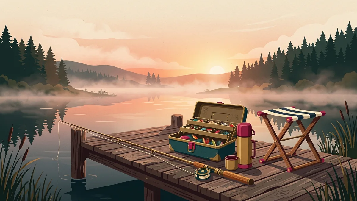 Ruhiger See im Morgennebel mit Angelrute auf einem Holzsteg, Köderbox und Thermoskanne — warme Illustration