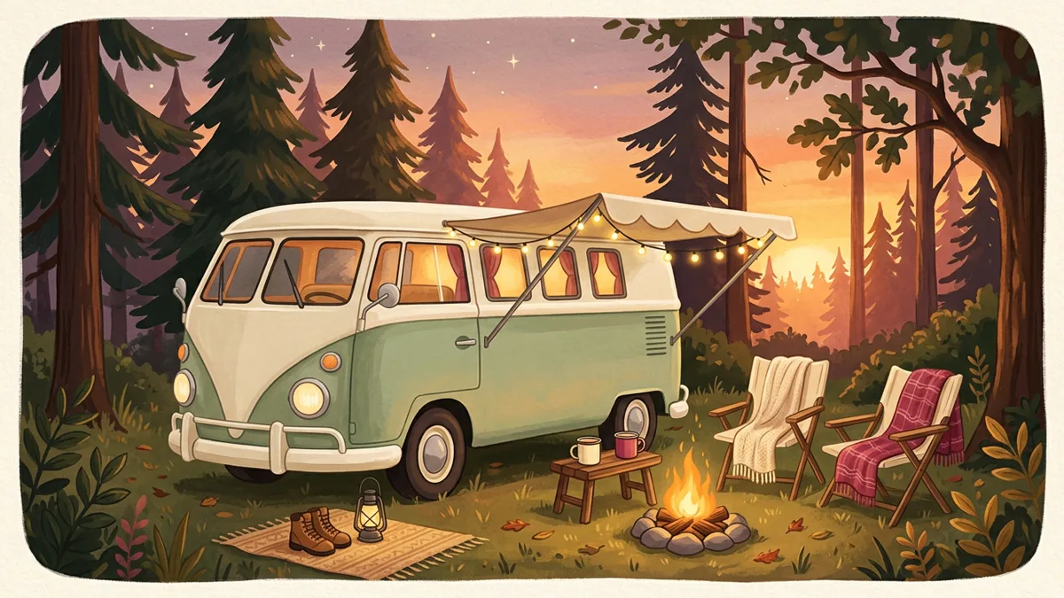 Vintage-Campervan auf einer Waldlichtung mit Lagerfeuer, Emaille-Tassen und Lichterkette — warme Illustration