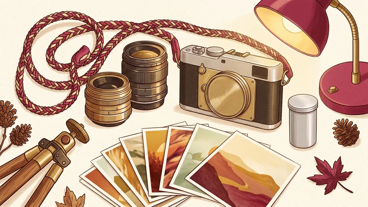 Analoge Kamera auf Holztisch mit Objektiven, gedruckten Fotografien und kleinem Stativ im Lampenlicht — warme Illustration