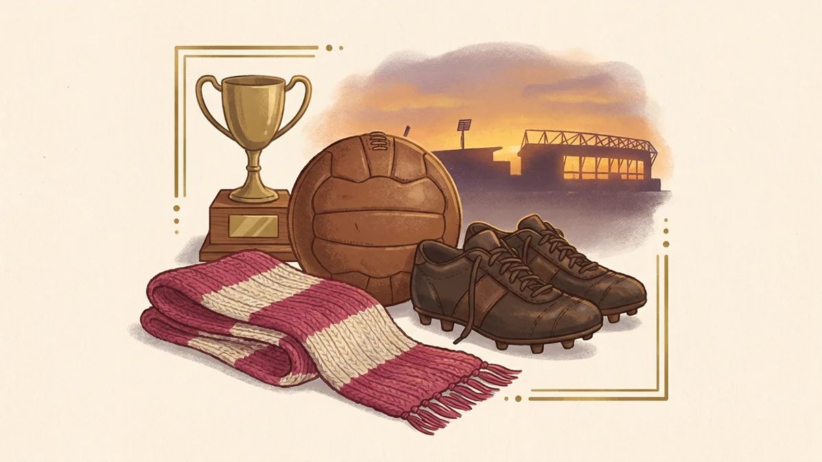Klassischer Lederfußball, Fußballschuhe und gestreifter Strickschal vor einer Stadionsilhouette im Abendlicht — warme Illustration