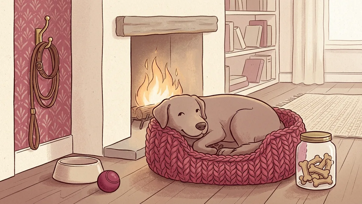 Hund zusammengerollt in einem gestrickten Körbchen, daneben Leine am Haken, Napf und Ball — warme Illustration