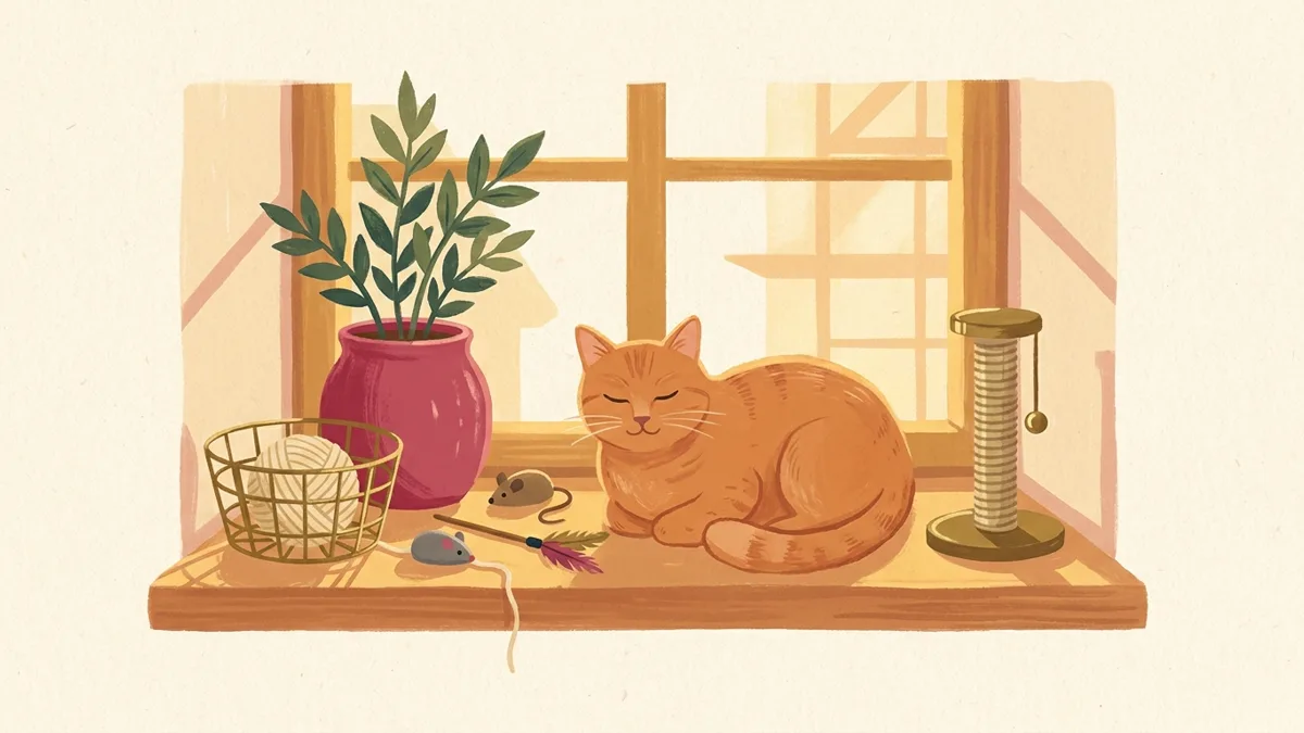 Katze auf einer sonnigen Fensterbank mit Zimmerpflanze und Wollknäuel — warme Illustration