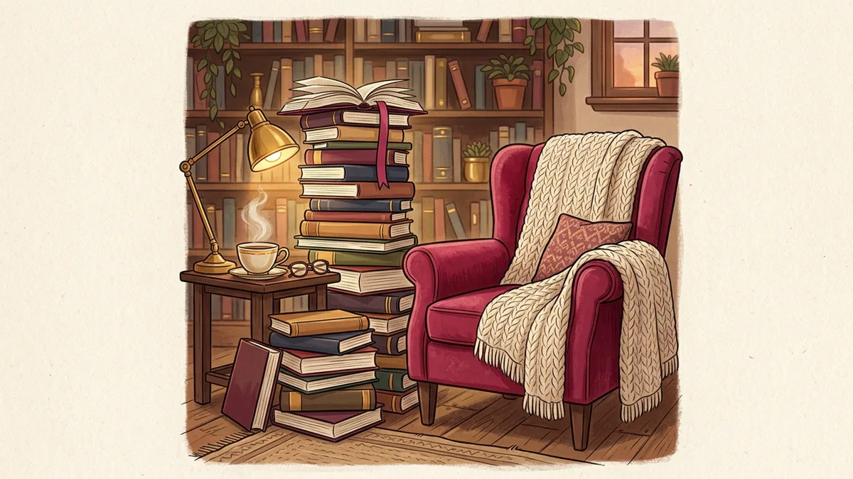 Bücherstapel neben einem Lesesessel mit Strickdecke, warmer Leselampe und dampfender Teetasse — warme Illustration