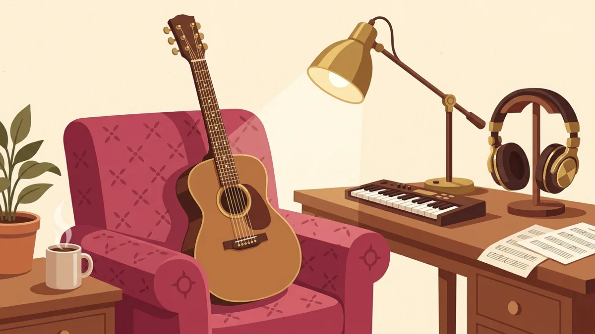 Akustikgitarre an einem Sessel gelehnt, Kopfhörer, Notenblätter und warme Schreibtischlampe — warme Illustration