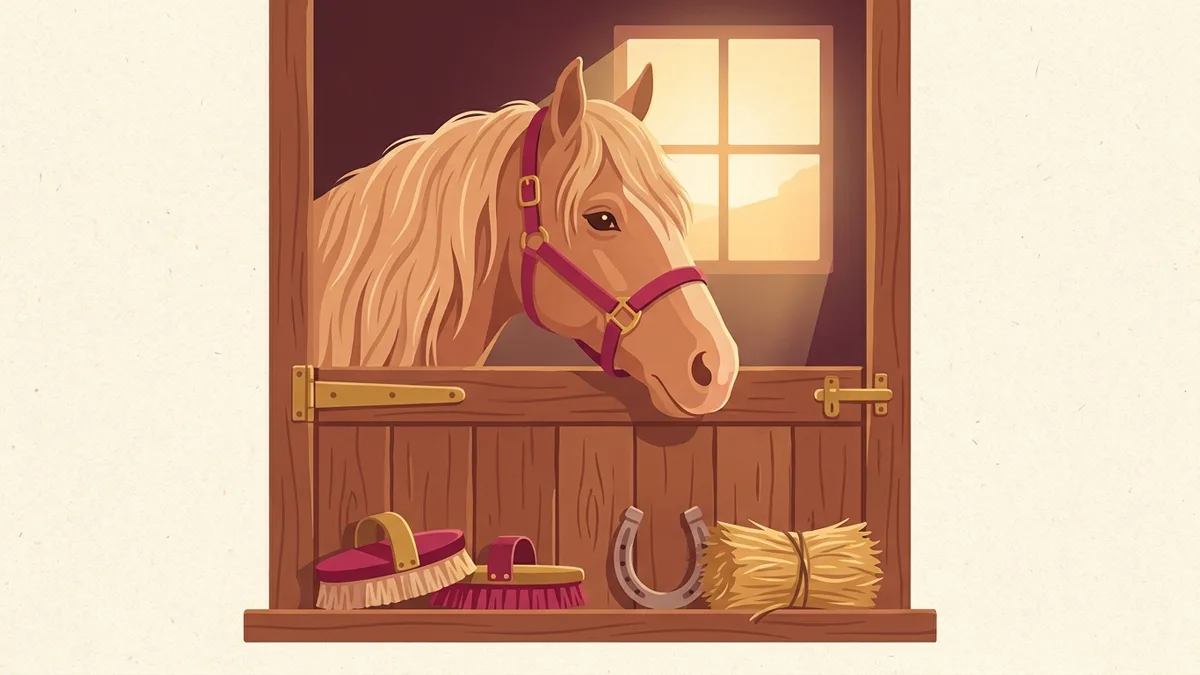 Pferdekopf über einer hölzernen Stalltür, daneben Putzbürsten, Hufeisen und Heubündel im warmen Licht — Illustration