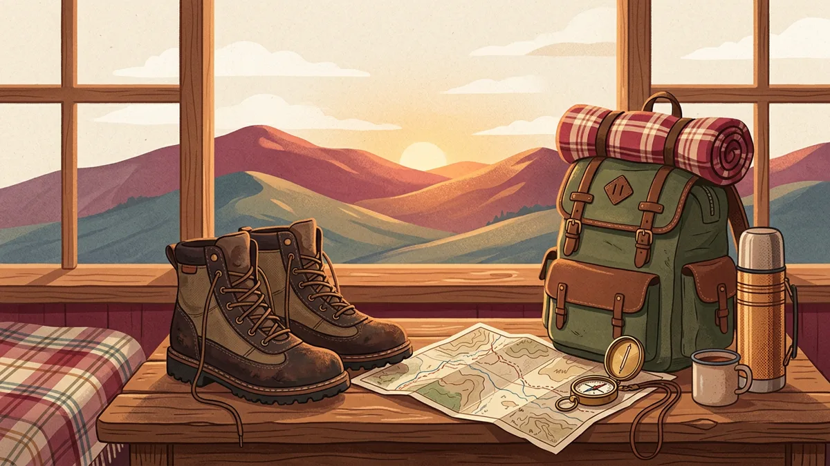 Wanderschuhe, Canvas-Rucksack, Wanderkarte und Kompass vor sanfter Bergkette im Abendlicht — warme Illustration